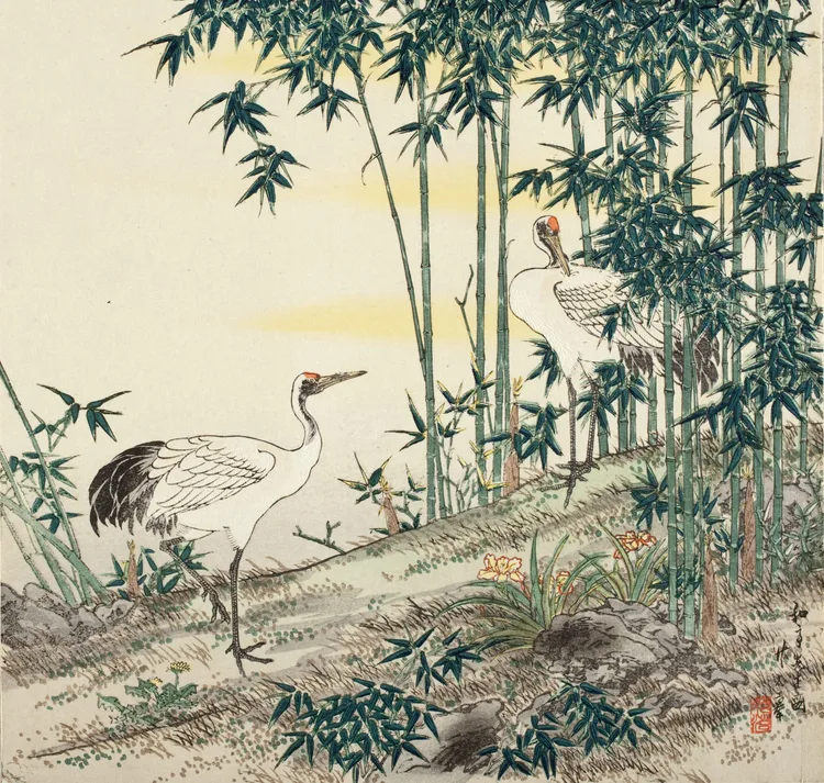 After Nagamachi Chikuseki, Cranes in Bamboo Grove, circa 1900