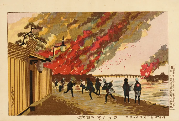 Kobayashi Kiyochika, Great Fire at Ryōgoku Sketched from Hamachō