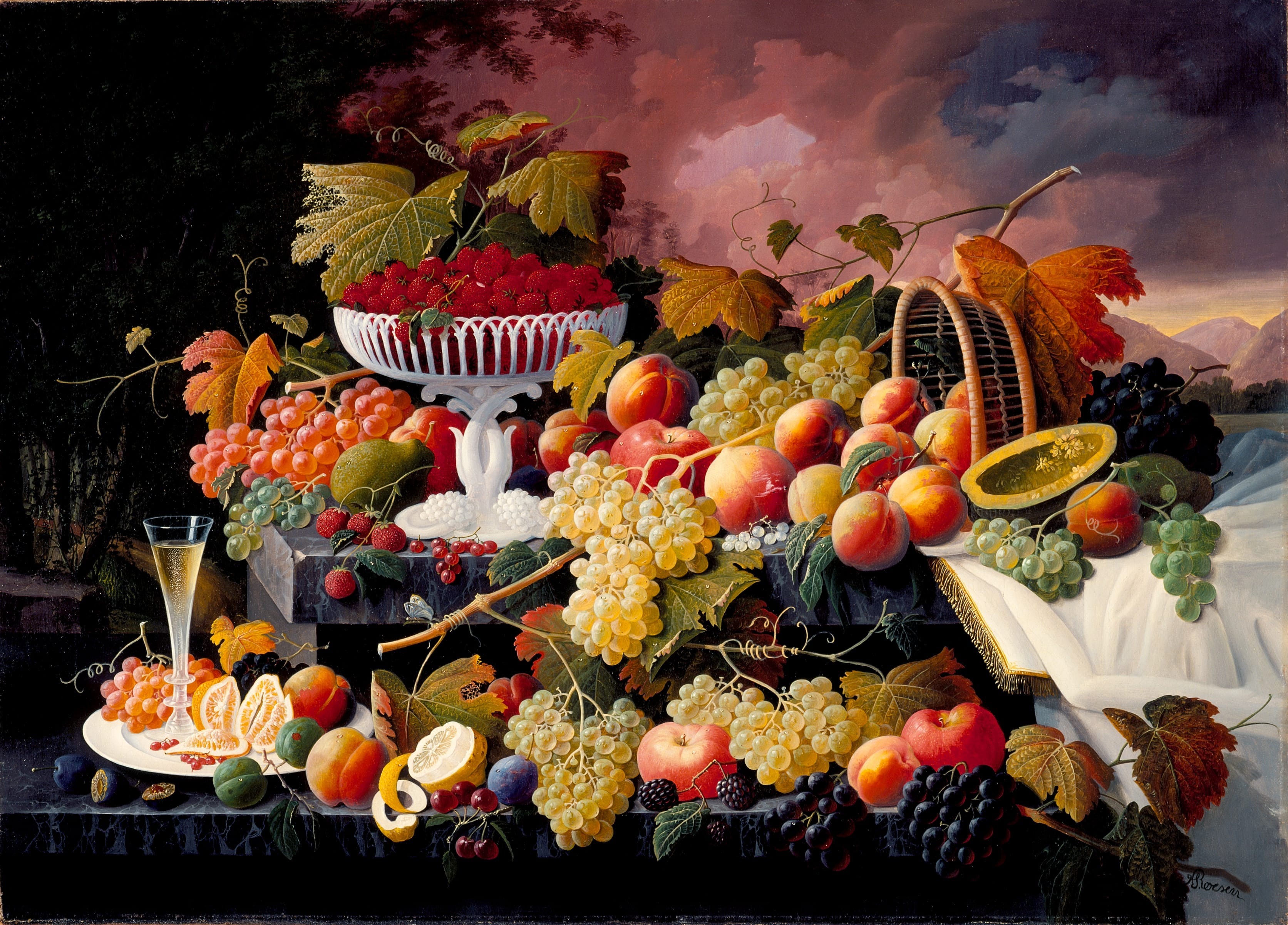 Severin Roesen, Fruit Still Life in a Landscape, circa 1862-1872