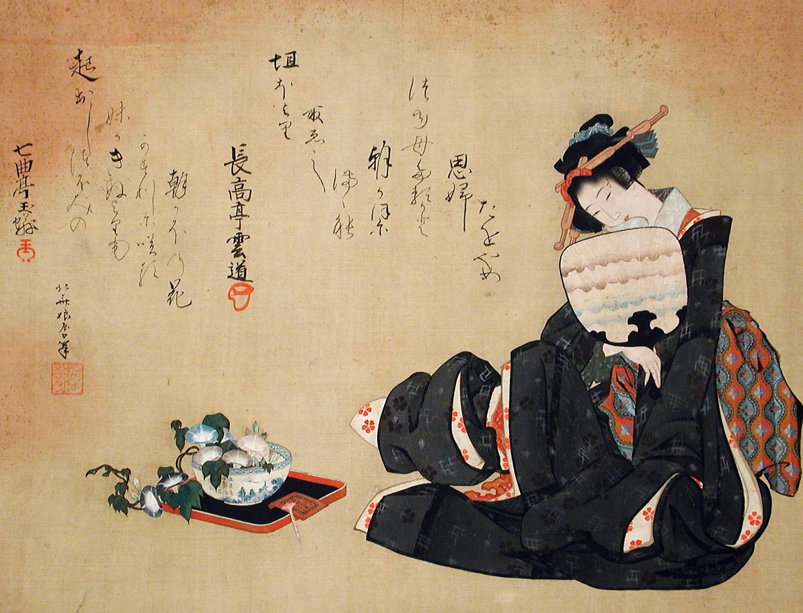 うずを持つ女　額縁入り　絵画　by M.Onishi Katsushika Tatsujo (Ōi), Woman with Morning Glories, circa 1820s