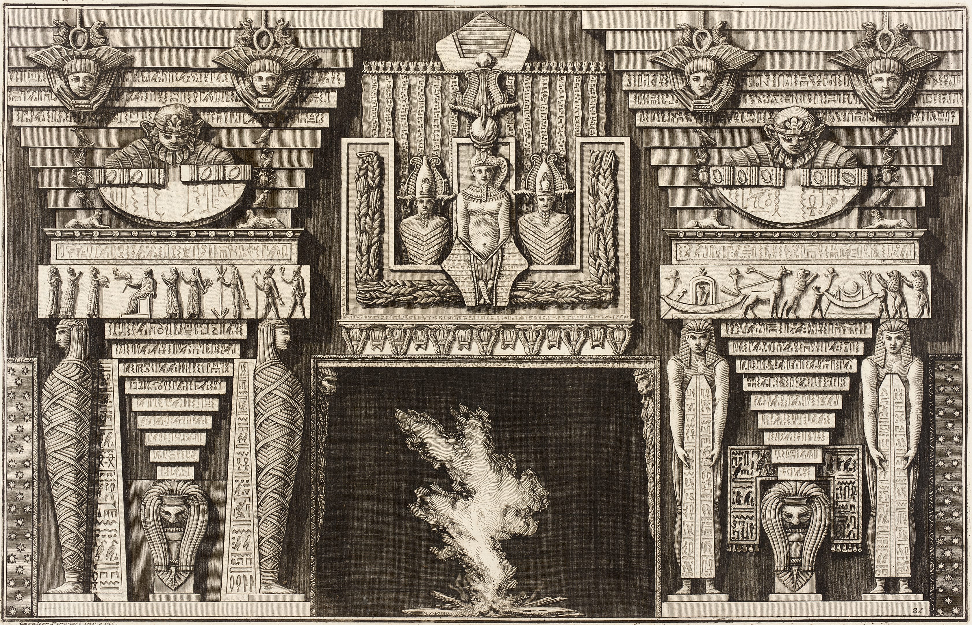 Chimneypiece in the Egyptian style: Two mummies in profile on the left and two figures bearing obelisks on the right.