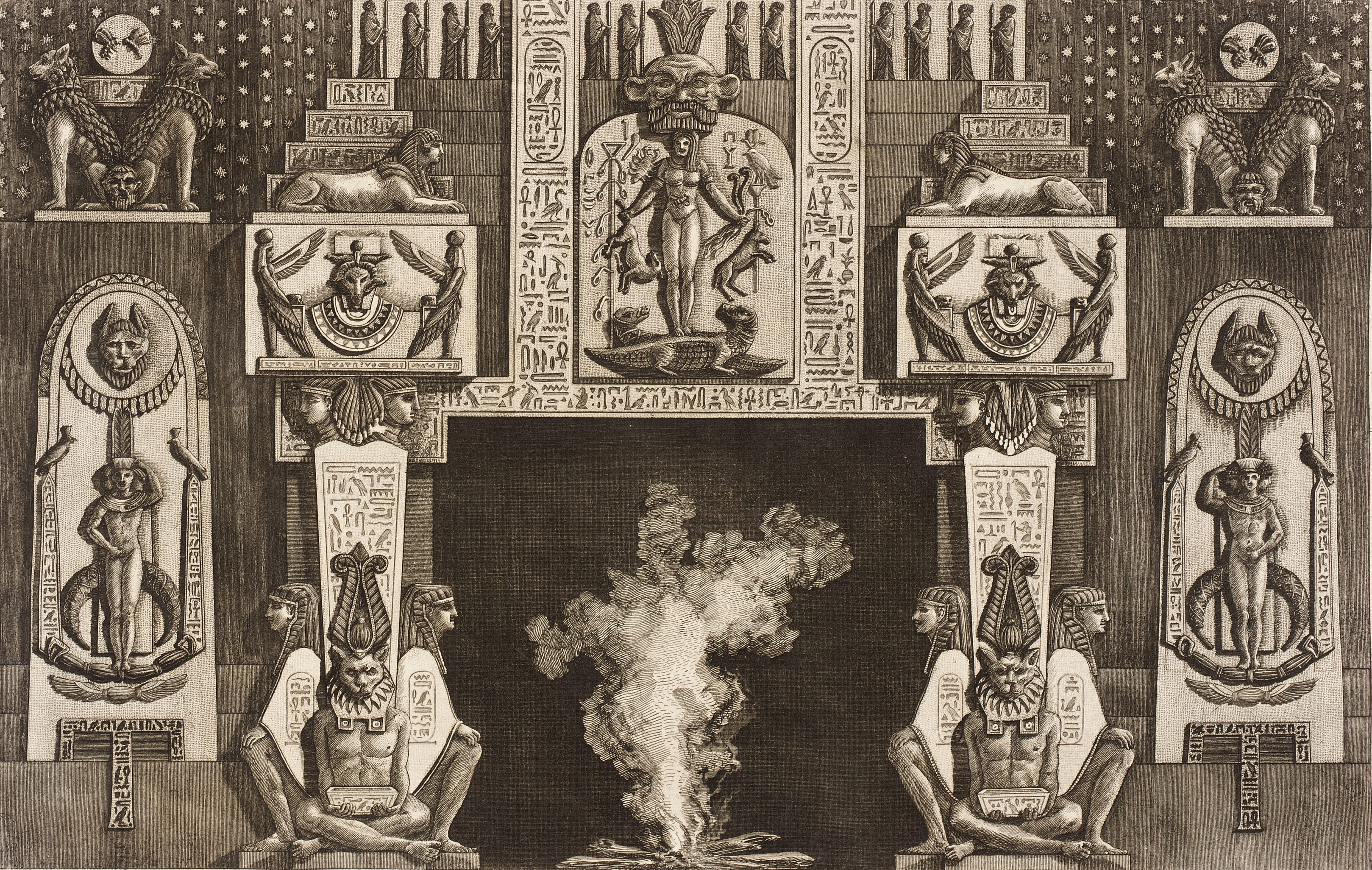 Chimneypiece in the Egyptian style: Groups of three crouching figures on each jamb.