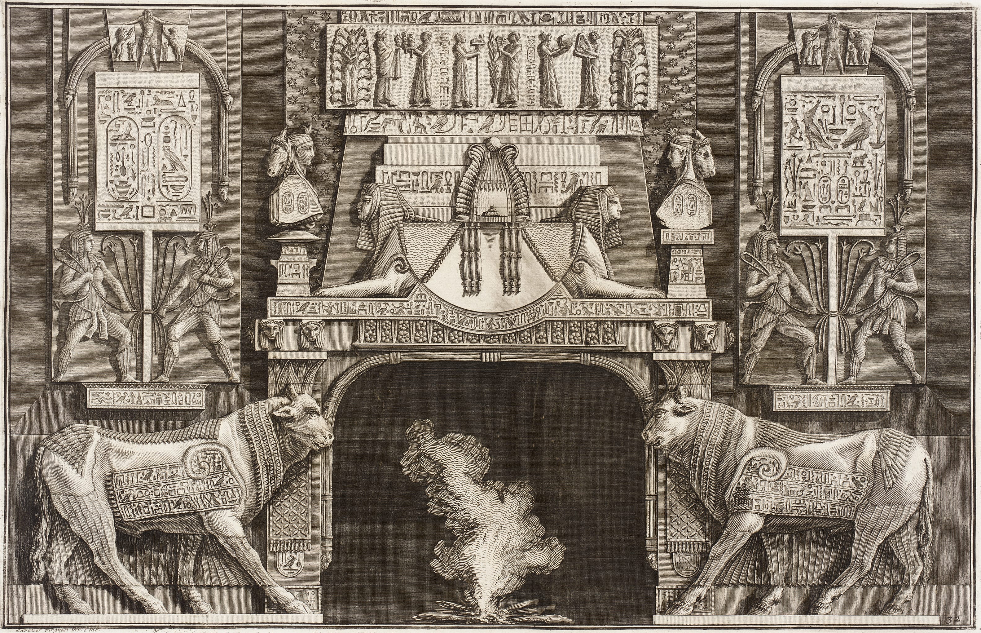 Chimneypiece in the Egyptian style: Lintel with addorsed Sphinxes flanked by bulls in profile.